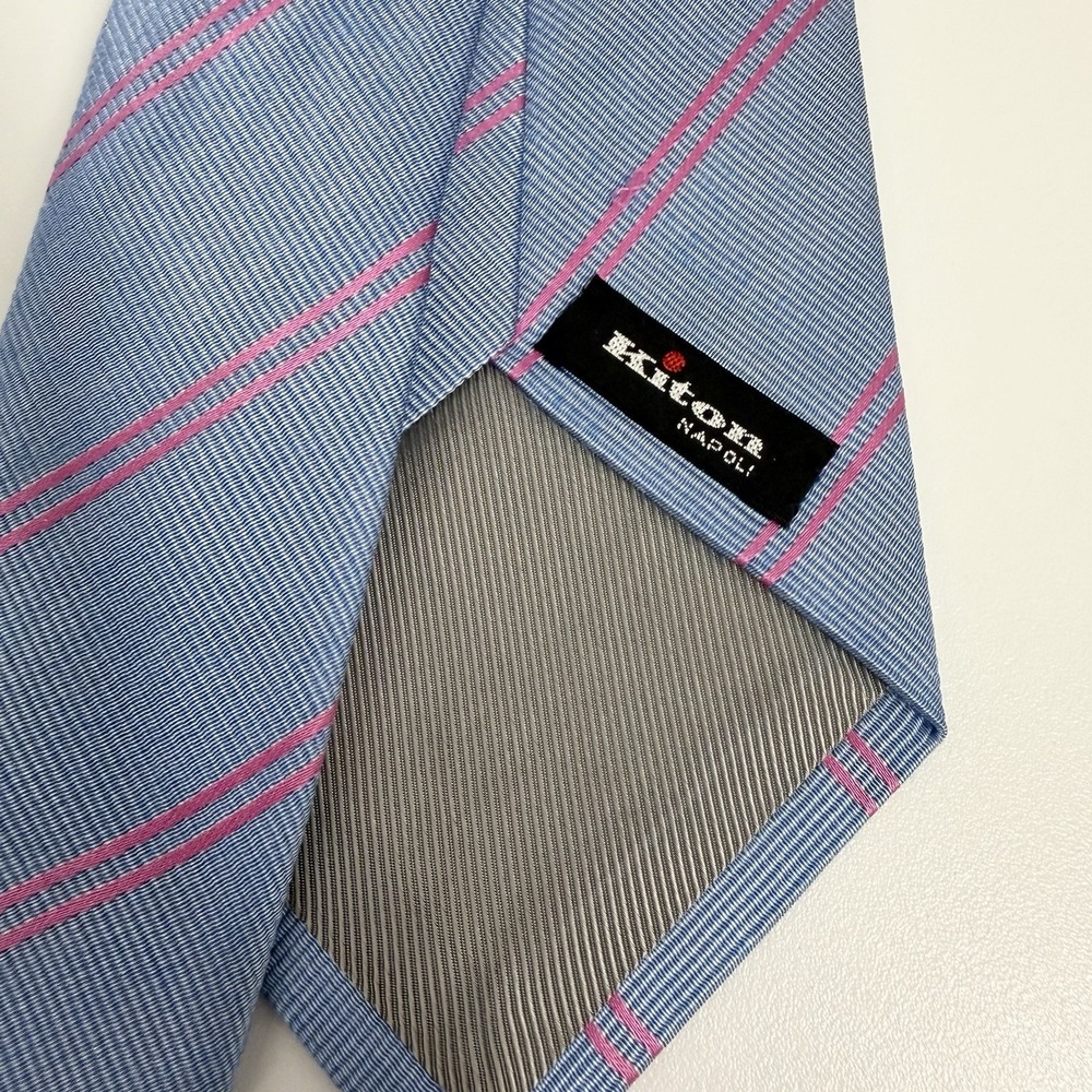 Kiton Napoli Men's Seven 7-Fold Tie Blue/Pink Striped Silk 3.75" (W) 60" (L) guc